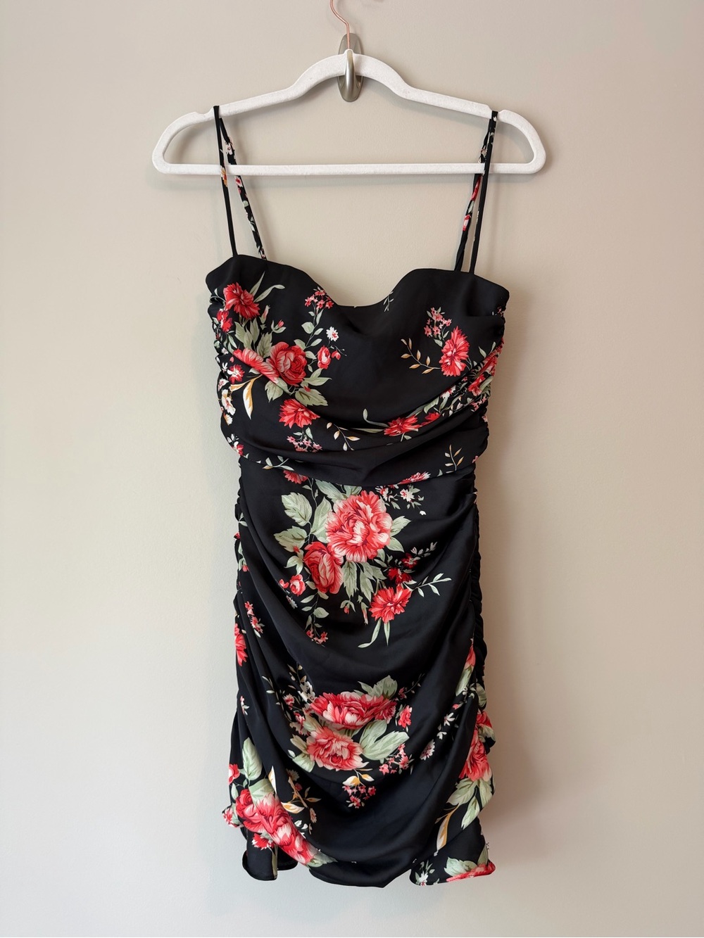 Nookie Garden Party Mini Dress Sz S Black Floral Ruched Satin Bustier VGUC